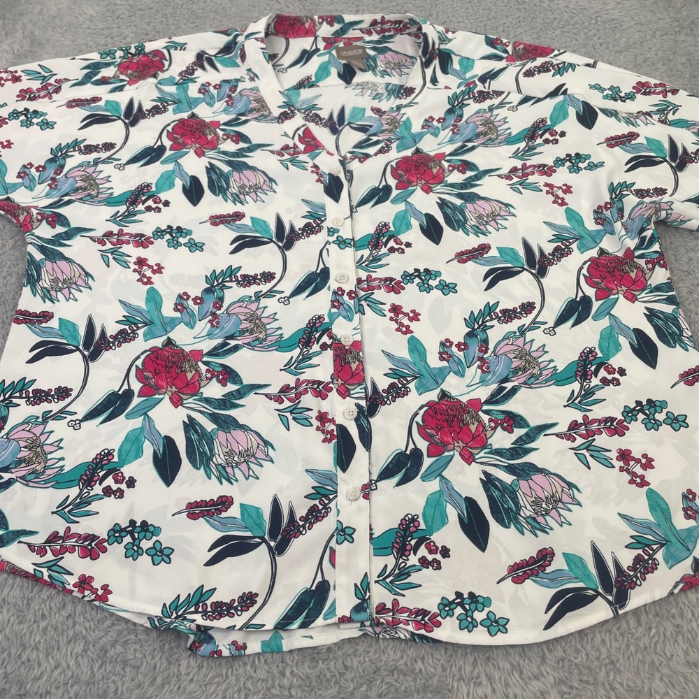 Chico's Button Front‎ Blouse Womens 2 White Floral Tropical Short Dolman Sleeve